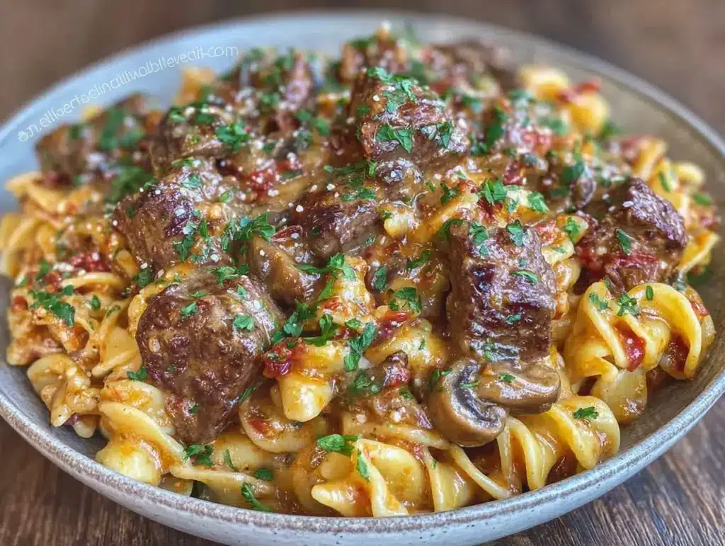 creamy slow cooker beef stroganoff - featured image