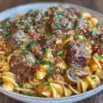 creamy slow cooker beef stroganoff - featured image